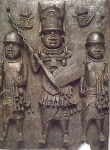 A bronze plaque showing three warriors from Benin, West Africa.HWC494