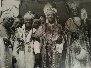 The contemporary Yoruba Kings: Oba Adeniji Adele of Lagos with the Olubadan of Ibadan Oba Asanike, Alake of Abeokuta, and Oba Ademola. Circa 1950