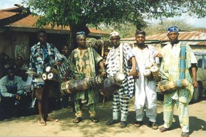 Yoruba drummers. Drums are the foundation of Yoruba music and there are many types of drum for specific occasions or associated with Orisha. 